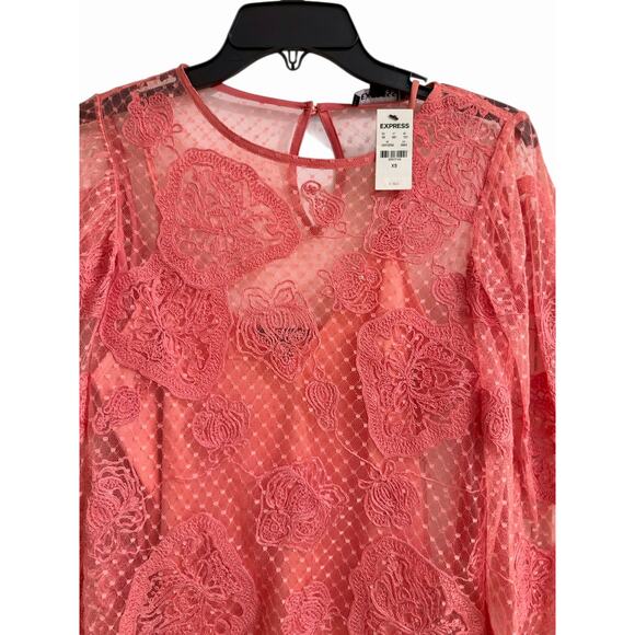 NWT Express Lace Long Sleeve Crew Swiss Dot Cami Pink Sexy Top XS - Picture 8 of 12
